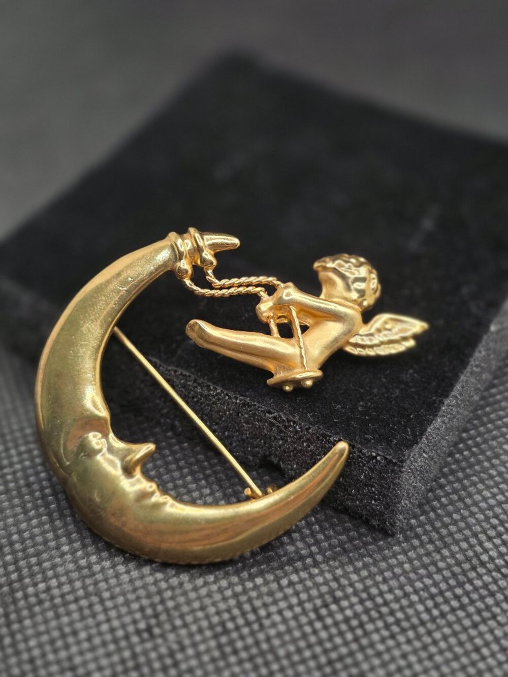 Vintage Danecraft Gold Tone Moving Cherub Swinging on Crescent Moon Brooch Pin